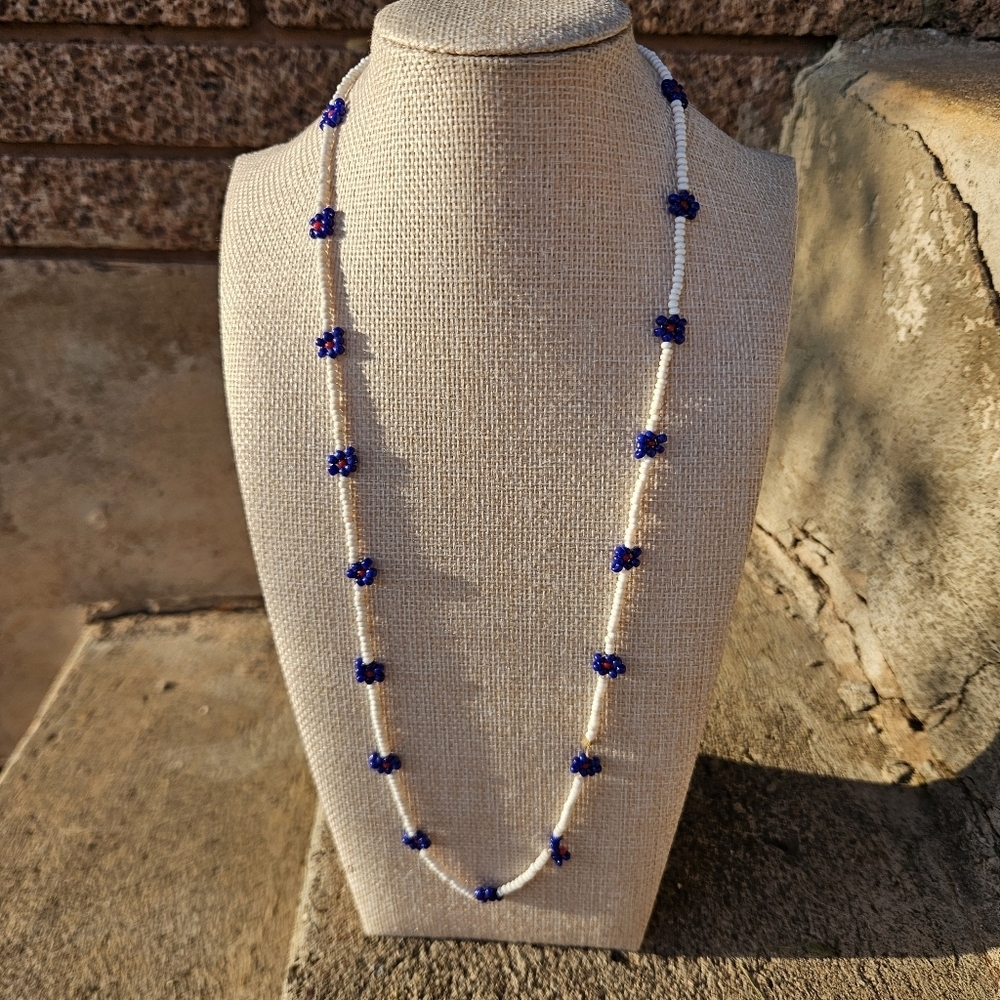 White Seed Beaded Necklace Blue Daisy Flower Native American Jewelry Handmade